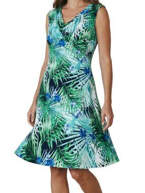 Christopher & Banks CB Tropical Palm Print Faux Wrap Midi Dress Green Blue 14